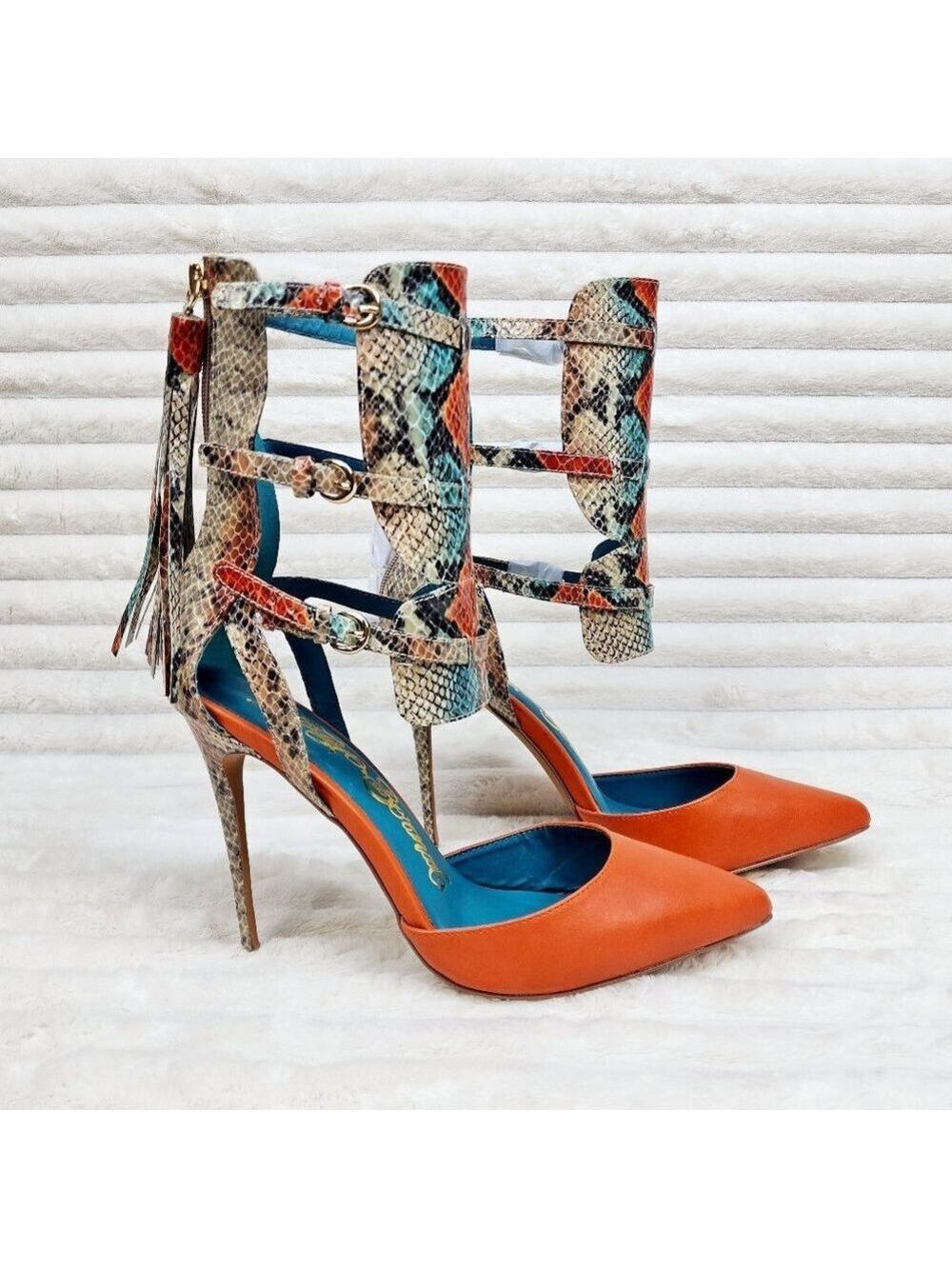 Unique Colorful Shoes Copper Snake Print Nelly Bernal Stiletto High Heels Tassle - Picture 3 of 8